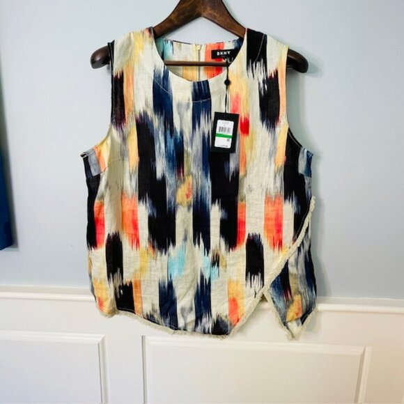 NEW Dkny 100% Linen Raw-Trim Asymmetrical Top Abstract Ikat Print Large - Picture 2 of 7